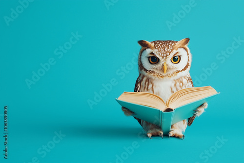 Fototapeta Naklejka Na Ścianę i Meble -  Wise Owl Reading Book Humor Animal Portrait Educational Concept