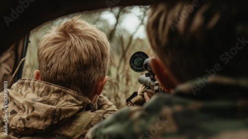 Two children wearing camouflage outfits aiming a rifle with a scope, depicting adventure and teamwork while exploring the natural environment around them. photo