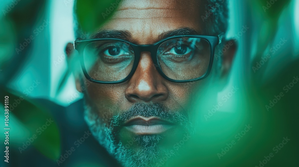A reflective man looks through lush green leaves, showcasing a moment of introspection amid fresh greenery, reflecting balance and inner peace. A reflective man looks through lush green leaves, showcasing a moment of introspection amid fresh greenery, reflecting balance and inner peace.