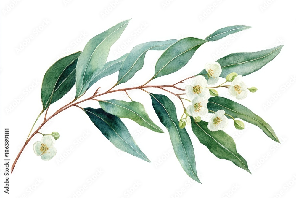 Obraz premium Watercolor Eucalyptus Branch with Leaves and Flowers on White, Hand-Drawn Illustration