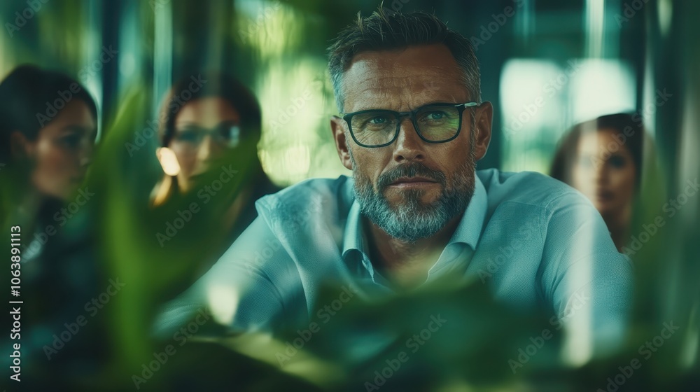 A focused man with glasses is surrounded by green leaves, symbolizing a connection with nature, in a contemporary yet tranquil office-like environment. A focused man with glasses is surrounded by green leaves, symbolizing a connection with nature, in a contemporary yet tranquil office-like environment.