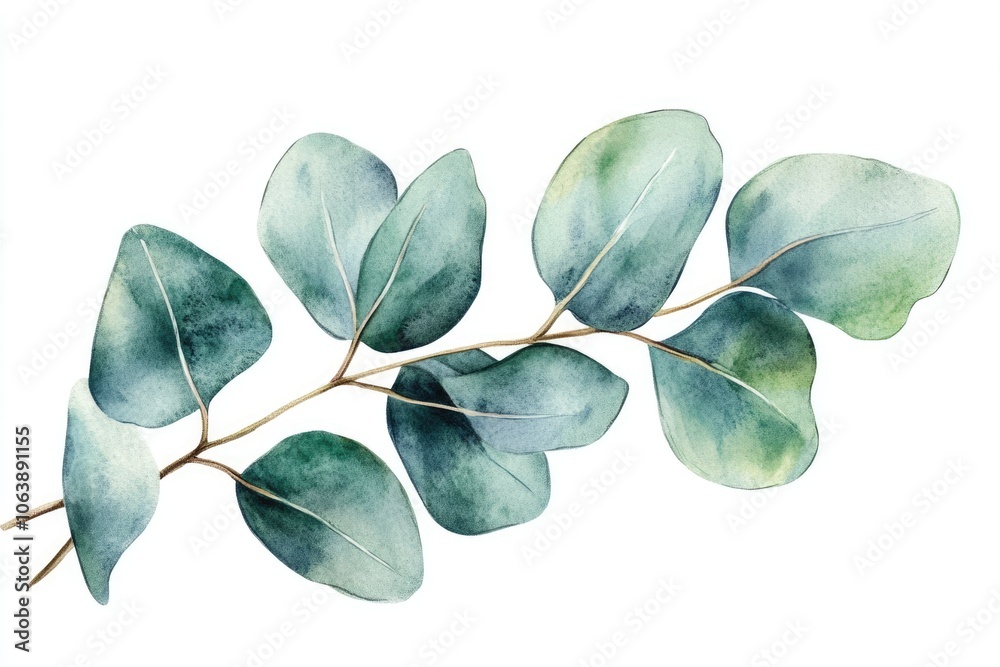 Watercolor Eucalyptus Leaf Illustration on White Background with Hand-drawn Botanical Design