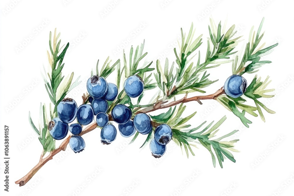 Watercolor Juniper Berries Branch Illustration. Botanical Element of Evergreen Berry, Isolated on White Background