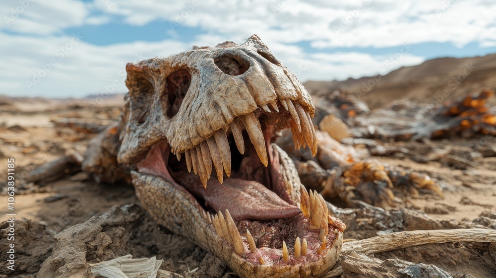 The skeleton of a dinosaur lies lifeless in a barren desert landscape, showcasing the passage of time, history, and the remnants of prehistoric existence. The skeleton of a dinosaur lies lifeless in a barren desert landscape, showcasing the passage of time, history, and the remnants of prehistoric existence.