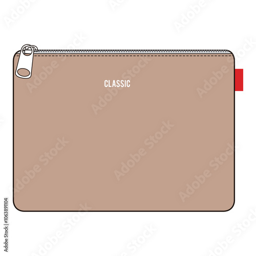 Beige zipper pouch with "Classic" text and red side tag.

