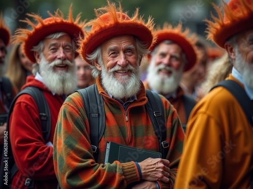 Joyful group of elderly men in colorful costumes celebrating a birthday party outdoors during the daytime