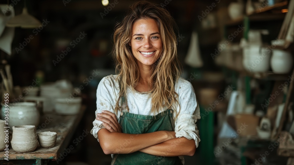 A joyful artisan woman with long hair stands in a pottery studio with crossed arms, amid pottery creations, expressing happiness, creativity, and craftsmanship. A joyful artisan woman with long hair stands in a pottery studio with crossed arms, amid pottery creations, expressing happiness, creativity, and craftsmanship.