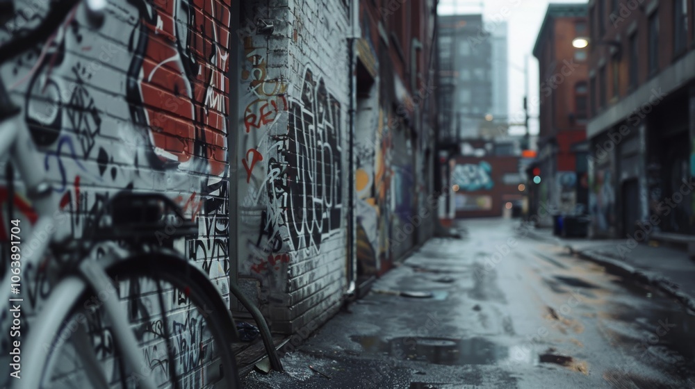 Fototapeta premium A rain-soaked alleyway adorned with eclectic graffiti and a bicycle, exuding a gritty urban charm amidst reflections from the wet pavement.