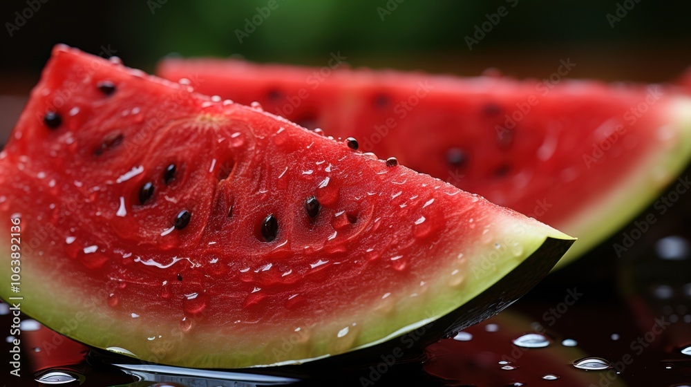 A close-up of a watermelon slice with glistening droplets of water, highlighting the juicy red flesh and black seeds A close-up of a watermelon slice with glistening droplets of water, highlighting the juicy red flesh and black seeds