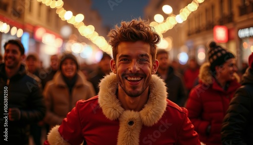 Joyful young man smiling widely in a festive street filled with holiday lights and a crowd during the evening winter holiday celebration