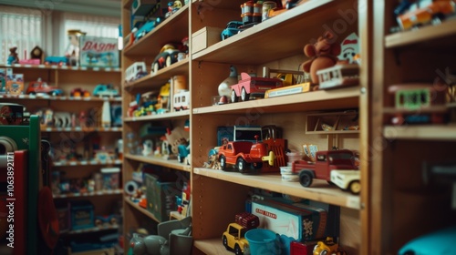 Shelves brimming with colorful vintage toys create a playful scene in a cozy store, capturing a glimpse of childhood memories. photo