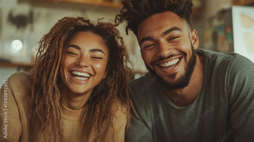 A couple enjoys a moment of shared laughter, surrounded by a cozy kitchen setting, capturing the essence of joy, love, and companionship in daily life.