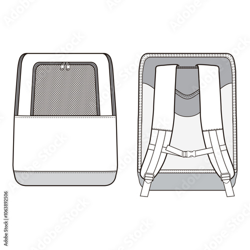 Minimalist backpack illustration showing front and back views, with detailed straps and compartments, isolated on white background, ideal for design and branding purposes.

