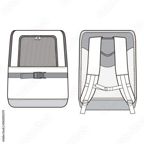 Minimalist backpack illustration with buckle detail, front and back views, isolated on white background, suitable for design and branding purposes.

