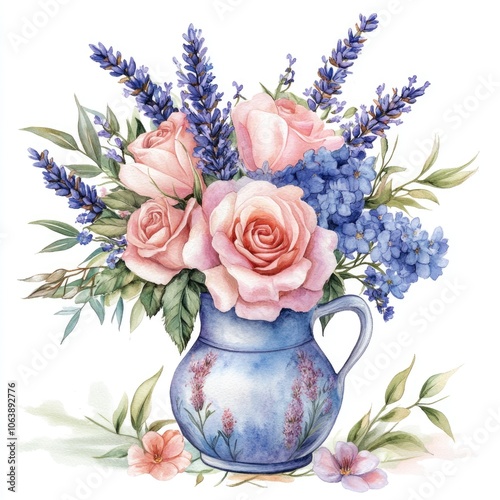 Fototapeta Naklejka Na Ścianę i Meble -  Charming Floral Arrangement. Watercolor Wreath with Roses, Lavender, and Foliage for Elegant Vintage Design
