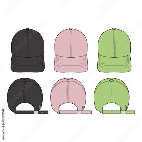 Set of pastel baseball caps in black, pink, and green, showing front and back views with adjustable straps, ideal for design mockups and branding.

