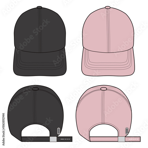 Two-tone baseball caps in black and pink, showing front and back views with adjustable straps, isolated on white background, ideal for product design and branding.


