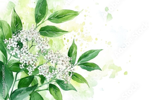 Elderflower and Elderberry Watercolor Illustration. Natural Medicine Plant with Fresh Berries on White Background