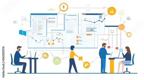 Illustration of Business Meeting and Brainstorming, Financial Consulting Agency. People Analyzing Company Development Data. Ai generated image