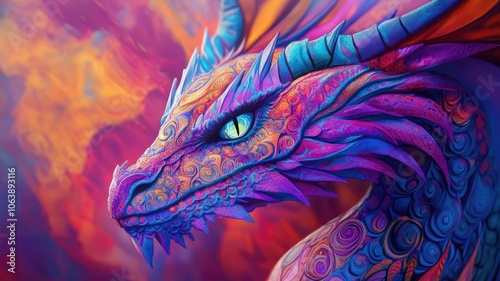 A vibrant dragon with intricate patterns emerges against a colorful, dreamy background