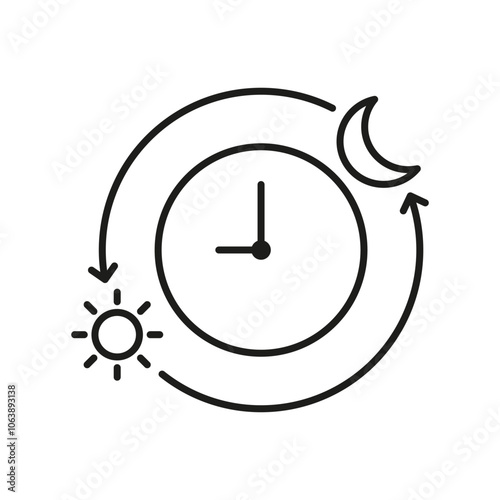 Clock With Day And Night Cycle Line Icon. Circadian Rhythm With Sun And Moon Outline Symbol. Day And Night Transition. Editable Stroke. Isolated Vector Illustration