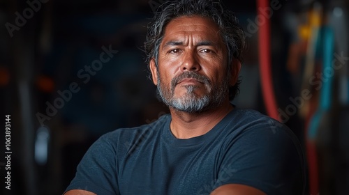 A strong, stoic man stands with crossed arms, exuding confidence and authority in a rugged industrial backdrop, reflecting resilience and leadership.