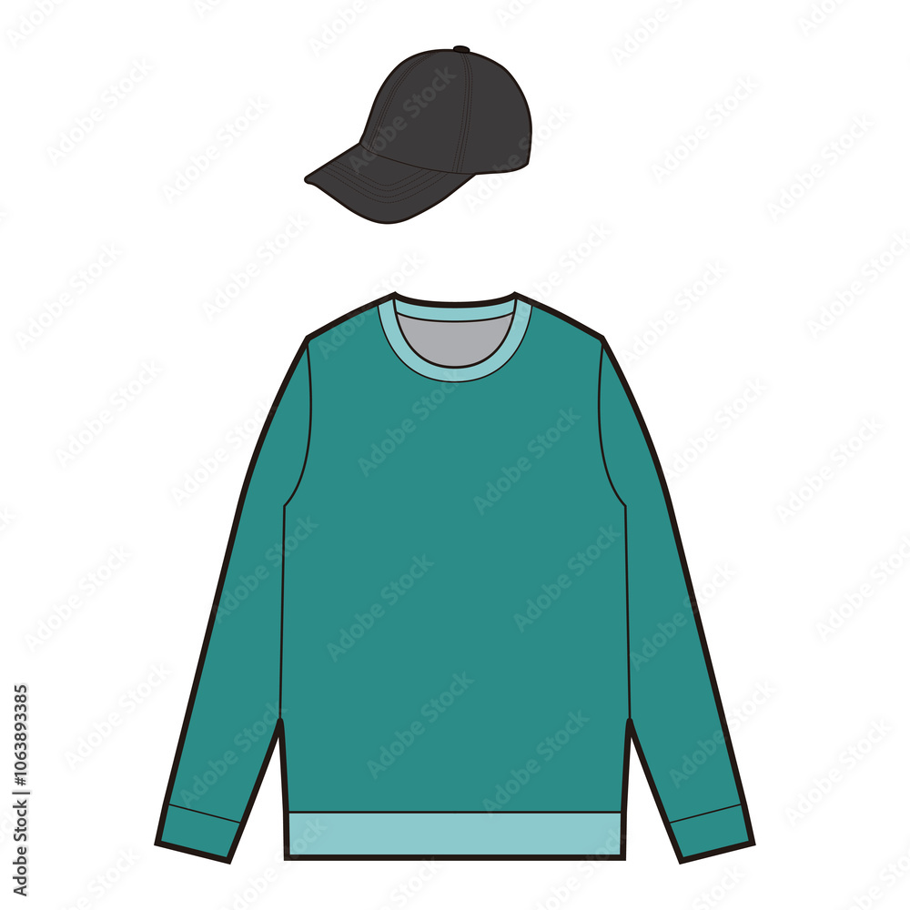 Teal crewneck sweatshirt with light blue accents paired with a black baseball cap, isolated on white background, ideal for branding and design purposes.
Teal crewneck sweatshirt with light blue accents paired with a black baseball cap, isolated on white background, ideal for branding and design purposes.