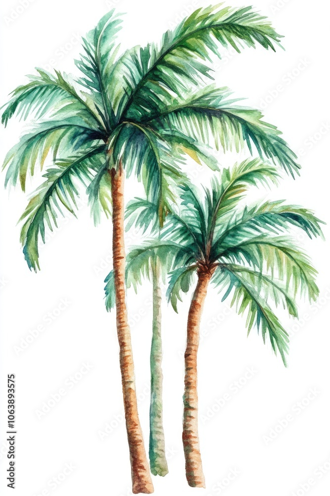 Naklejka premium Hand Drawn Tropical Palm Tree Set. Abstract Watercolor Illustration of Lush Green Foliage on White Background