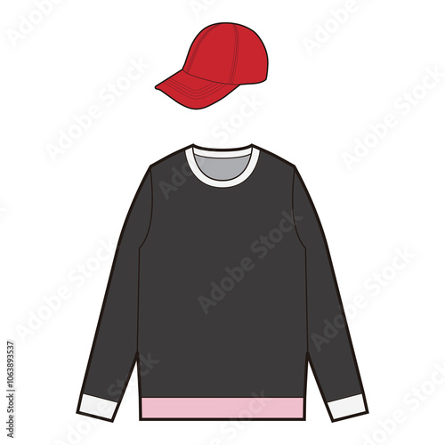 Black crewneck sweatshirt with white and pink accents paired with a red baseball cap, isolated on white background, suitable for apparel mockups and design.

