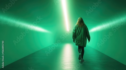 A solitary figure strides through a green-lit tunnel, evoking feelings of mystery and exploration, as the light guides the way to an unknown destination ahead. photo