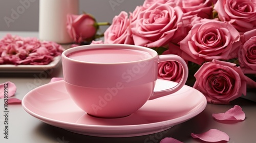 A delicate pink teacup filled with a pale pink beverage sits on a matching saucer, surrounded by a bouquet of pink roses and rose petals.