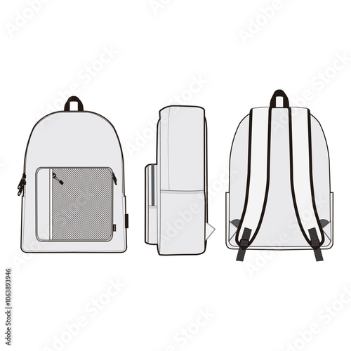 Set of three views (front, side, back) of a white backpack with gray front pocket and black straps, isolated on white background, ideal for apparel design and product mockups.

