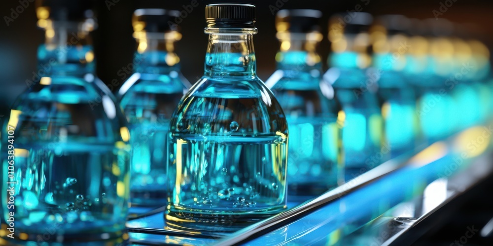 A Row of Glass Bottles Filled with a Vibrant Blue Liquid, Reflecting Light and Glistening with Tiny Bubbles, Moving Along a Conveyor Belt in a Factory Setting A Row of Glass Bottles Filled with a Vibrant Blue Liquid, Reflecting Light and Glistening with Tiny Bubbles, Moving Along a Conveyor Belt in a Factory Setting