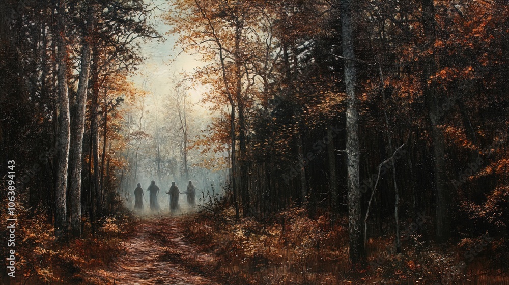 Obraz premium The scene depicts a misty pathway winding through a dense forest during autumn. Tall, slender trees with rough bark and colorful foliage in shades of orange, yellow, and brown create a vibrant backdro