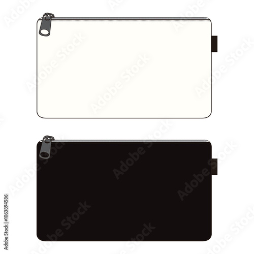 Set of two rectangular pouches in black and white with zipper closures, isolated on white background, ideal for branding and product mockups.

