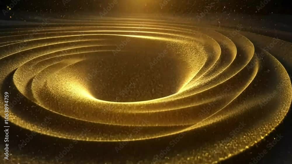 Abstract black sand swirling vortex with glowing particles.