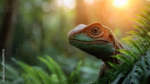 A dinosaur's serene expression emerges among green leaves, set against a golden backdrop. A peaceful moment evoking the majesty of Earth's ancient eras. photo