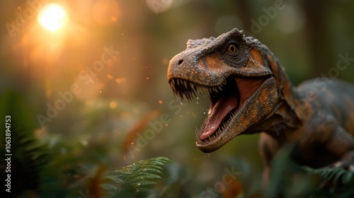 A dinosaur's menacing roar pierces the dense jungle, its massive jaws wide open. Dappled light enhances the dramatic intensity of the primeval predator. photo