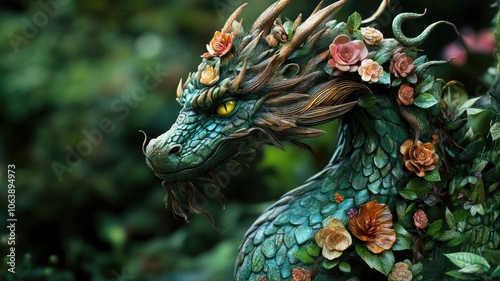 A mythical dragon adorned with flowers stands amidst lush greenery in a magical forest setting photo