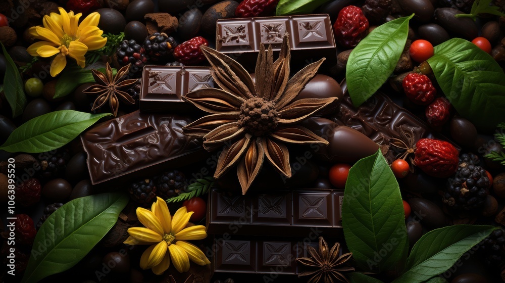 A decadent arrangement of dark chocolate, star anise, and fresh leaves, creating a visually appealing and aromatic tableau. A decadent arrangement of dark chocolate, star anise, and fresh leaves, creating a visually appealing and aromatic tableau.
