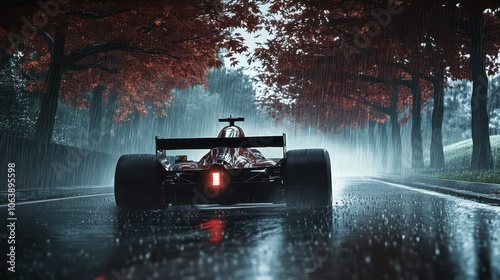 F1 Car Emerges from Suzuka Tunnel: A Low-angled Shot with Water Droplets, Framed by Japanese Maples, Enhanced by Moody Overcast Lighting and Photorealistic Weather Effects.