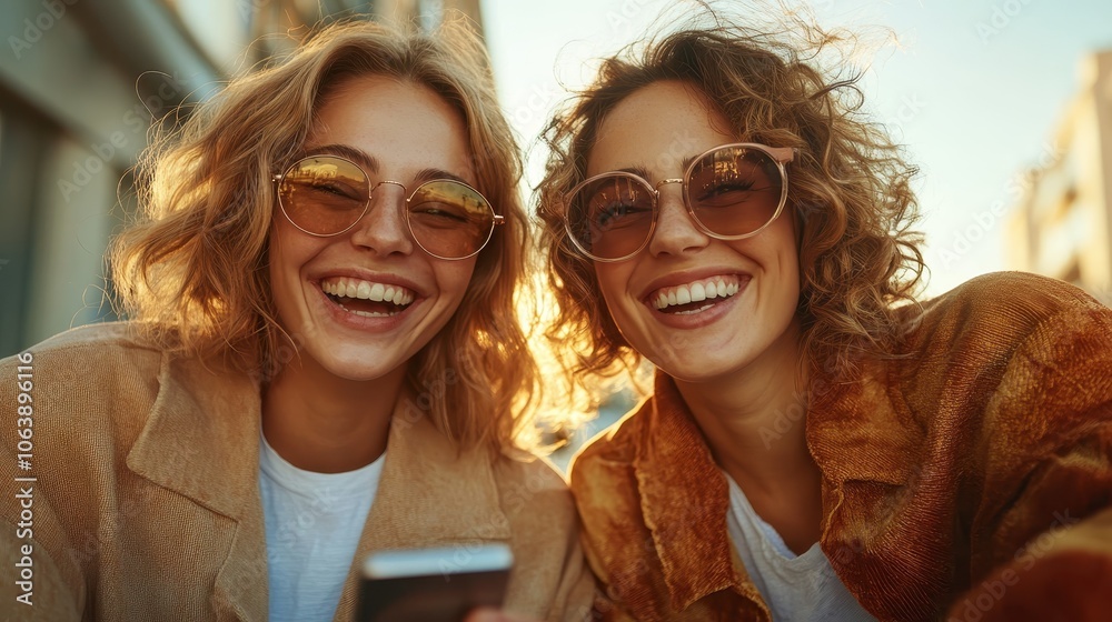Two women, sporting sunglasses and casual jackets, laugh heartily in the sunlight, showcasing friendship and joy amidst a bright, sunny backdrop of urban life. Two women, sporting sunglasses and casual jackets, laugh heartily in the sunlight, showcasing friendship and joy amidst a bright, sunny backdrop of urban life.