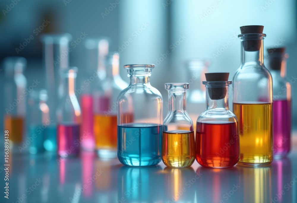 Colorful glass vials filled with various liquids in a laboratory setting during daylight hours, showcasing vibrant hues and scientific activity Colorful glass vials filled with various liquids in a laboratory setting during daylight hours, showcasing vibrant hues and scientific activity