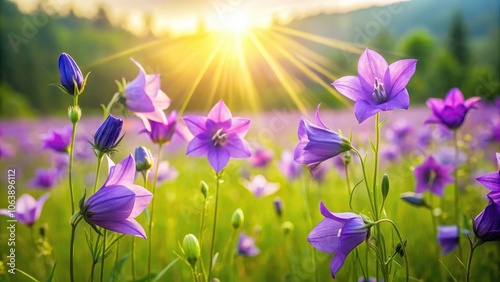 Vibrant Purple Peachleaved Bellflower Blooms in Lush Meadow - Campanula Persicifolia Captured with High Depth of Field for Nature Photography Enthusiasts and Floral Aficionados