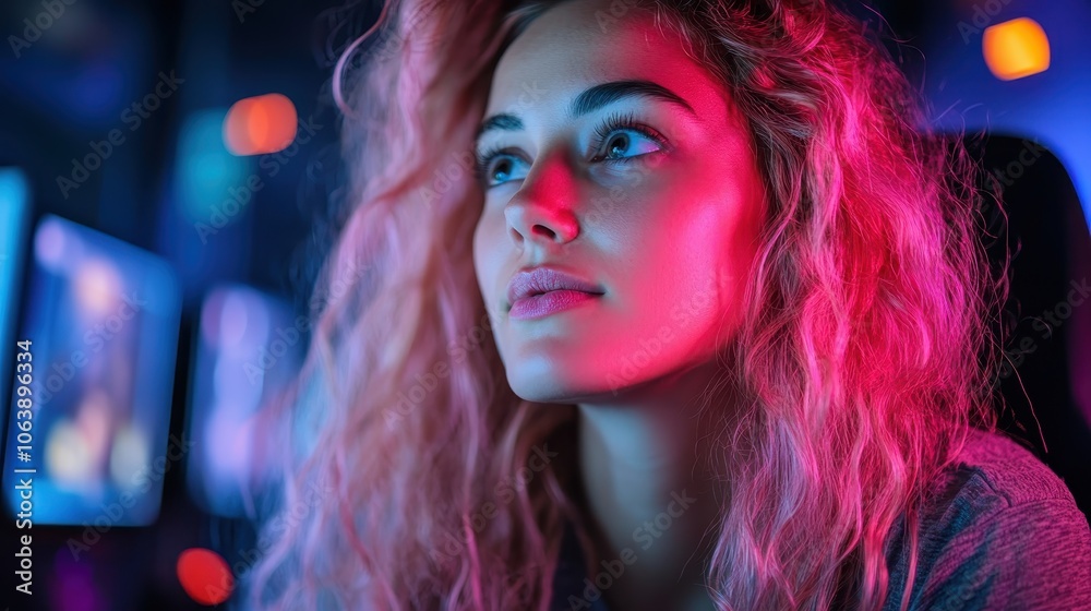 A close-up of a woman with pink hair in a neon gaming environment, with colorful lights reflecting on her face, embodying modern electronic entertainment culture. A close-up of a woman with pink hair in a neon gaming environment, with colorful lights reflecting on her face, embodying modern electronic entertainment culture.