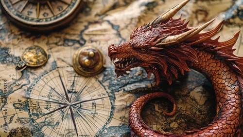 A detailed dragon figurine rests on an ancient map with navigational tools and a compass