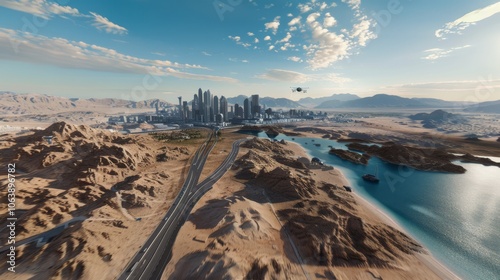 A sprawling desert city by the waterfront basks in golden light under vast skies, where modernity meets the grandeur of the endless horizon.