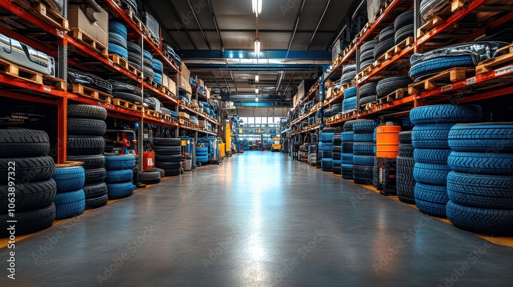 A large industrial warehouse filled with tires stacked on shelves. A large industrial warehouse filled with tires stacked on shelves.