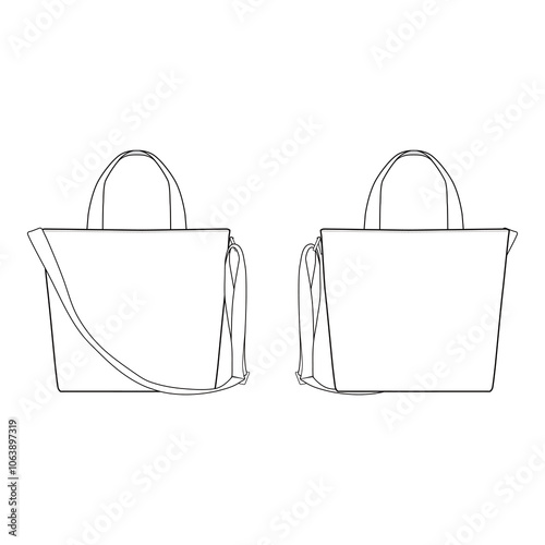 Modern Tote Bag Technical Drawing Template with Shoulder Strap Vector

