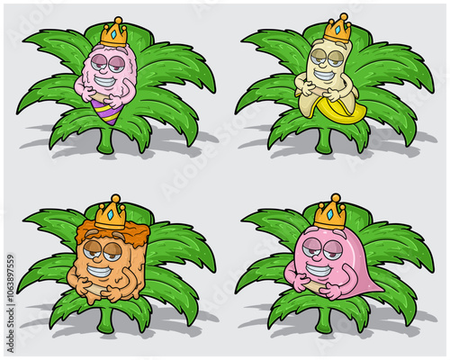 Cartoon Characters of Cotton Candy, Banana, Caramel and Bubble Gum With Crown in Weed Leaf